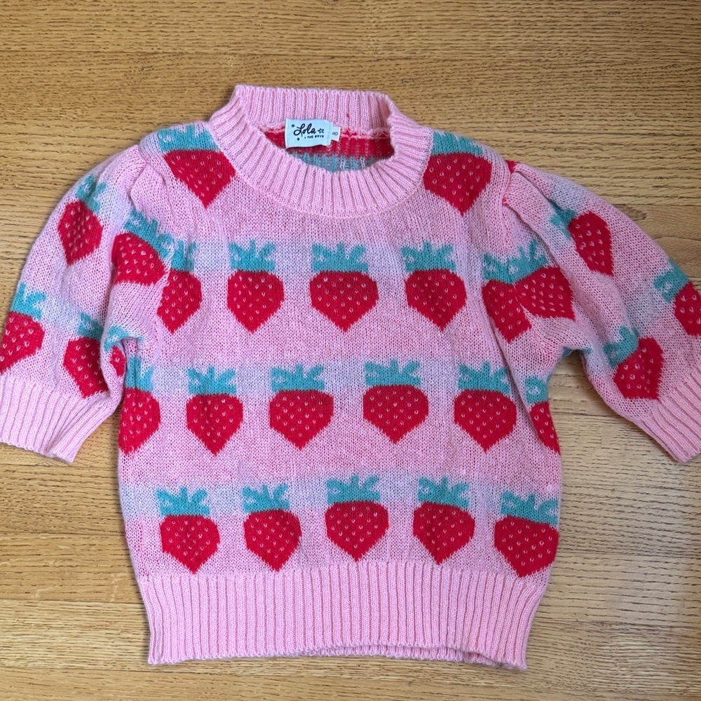Lola + The Boys Pink Sweater with Red Strawberry Pattern